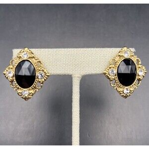 1928 Rhinestone Clip On Earrings Gold Tone Black Clear Elegant Open Work Vintage